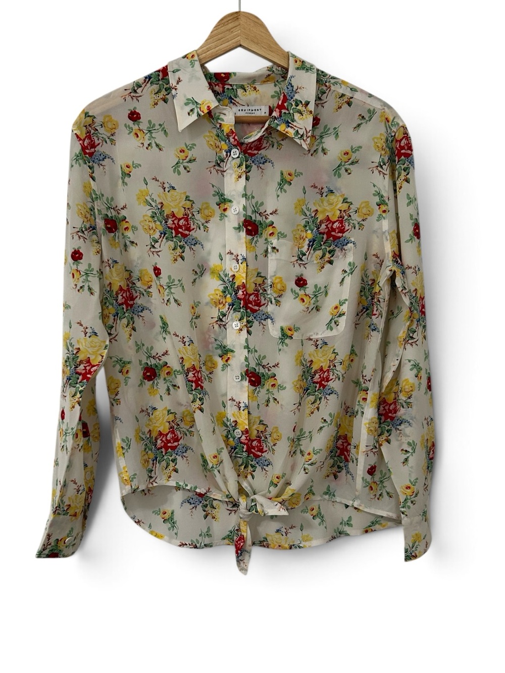 Equipment 100% silk blouse multi-color floral print tie-front hem Size Small